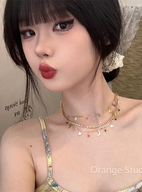 中古感金色星星月亮多层叠戴项链