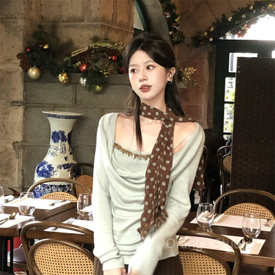 复古慵懒感棕色波点丝巾