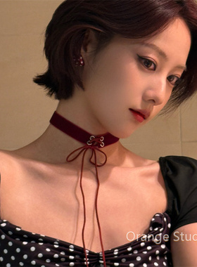 复古安哥拉红绑带choker锁骨链