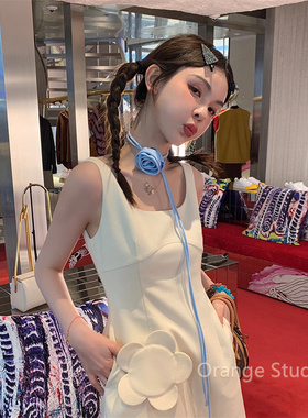 夏日显白蓝色玫瑰花绑带项链