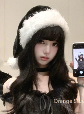 黑色圣诞帽长毛绒大球加长派对装扮帽子头饰网红cos拍照道具配饰