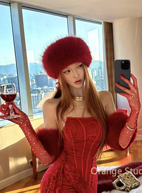 纯欲风红色辣妹仿狐狸毛发带帽复古亚文化氛围感空顶帽气质毛绒帽