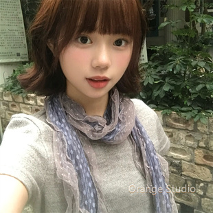 古早灰蓝色波点蕾丝边丝巾女日系古着感木耳边围巾温柔氛围感配饰