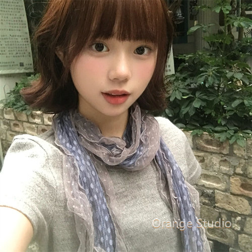 古早灰蓝色波点蕾丝边丝巾