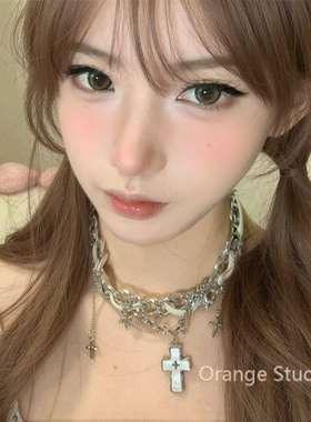 甜酷辣妹亚文化白色十字架流苏项链y2k千禧风choke项圈皮质锁骨链