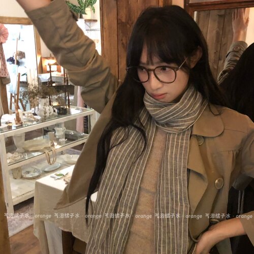 100%亚麻！古着文艺感亚麻条纹褶皱围巾日系复古秋冬长款流苏丝巾
