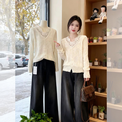松弛感蕾丝花边V领打底衫女秋冬新款超好看宽松显瘦百搭气质上衣