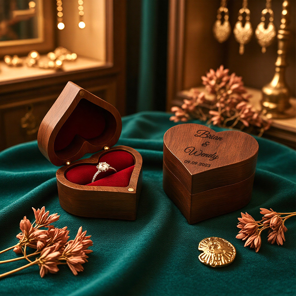 黑胡桃刻字高档爱心戒指盒婚礼求婚首饰盒木质收纳盒礼品情人礼物
