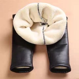 女童皮裤秋冬裤子加绒加厚打底裤宝宝黑色羊羔绒仿皮裤PU皮裤童装