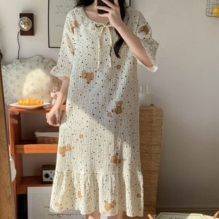 夏季 睡裙卡通女家居服 清新甜美风少女睡衣全棉双层棉套头长款 短袖