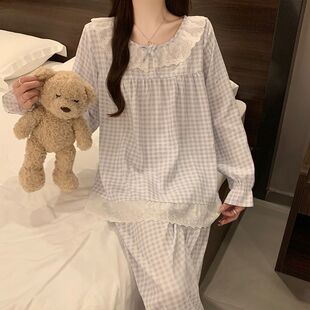 新款 长袖 2025秋季 韩版 甜美可爱蓝格子家居服可外出 长裤 睡衣女套装
