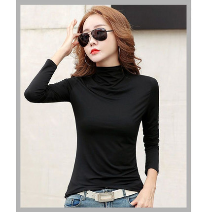 春季半高领黑色打底衫女新款修身内搭色长袖t恤女士上衣0104z