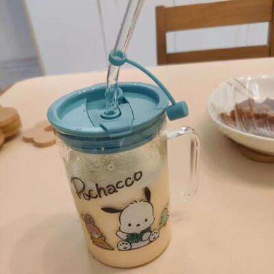 透明吸管杯三丽鸥高颜值玻璃杯男生女生通用刻度杯大容量冷饮杯子