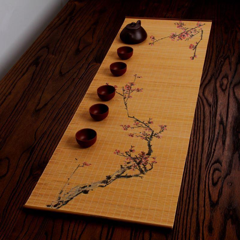 茶席竹席茶帘竹茶旗绘画印花禅意茶垫茶道干泡席茶盘垫茶道六君子