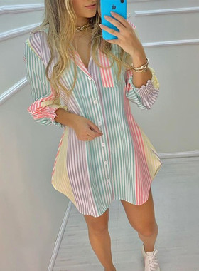 V Neck Beach Cover Up Tops Blouses Shirts纽扣条纹衬衫连衣裙