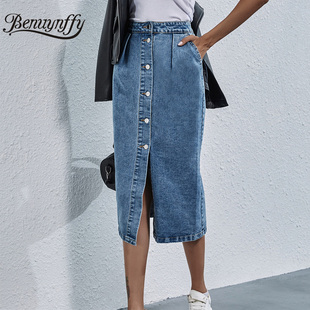 Knee Length Denim Skirt Women Streetwear Casual Jeans Skirt
