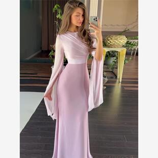 Flare sleeved satin dress 圆领玻璃纱长袖缎面拼接修身连衣裙女