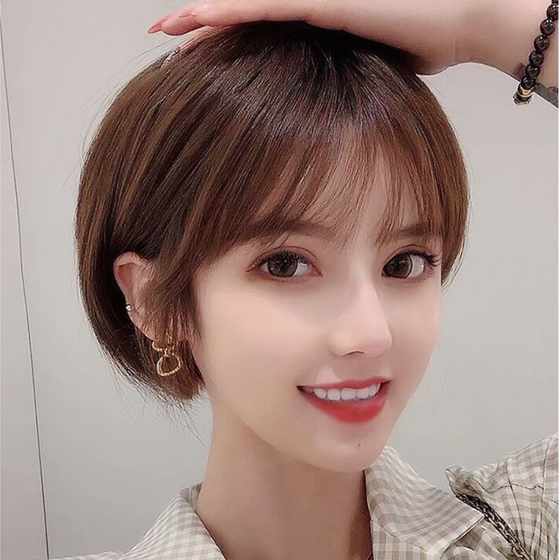 假发女短发全头套全真人发丝圆脸发型真发自然少女波波头假发套