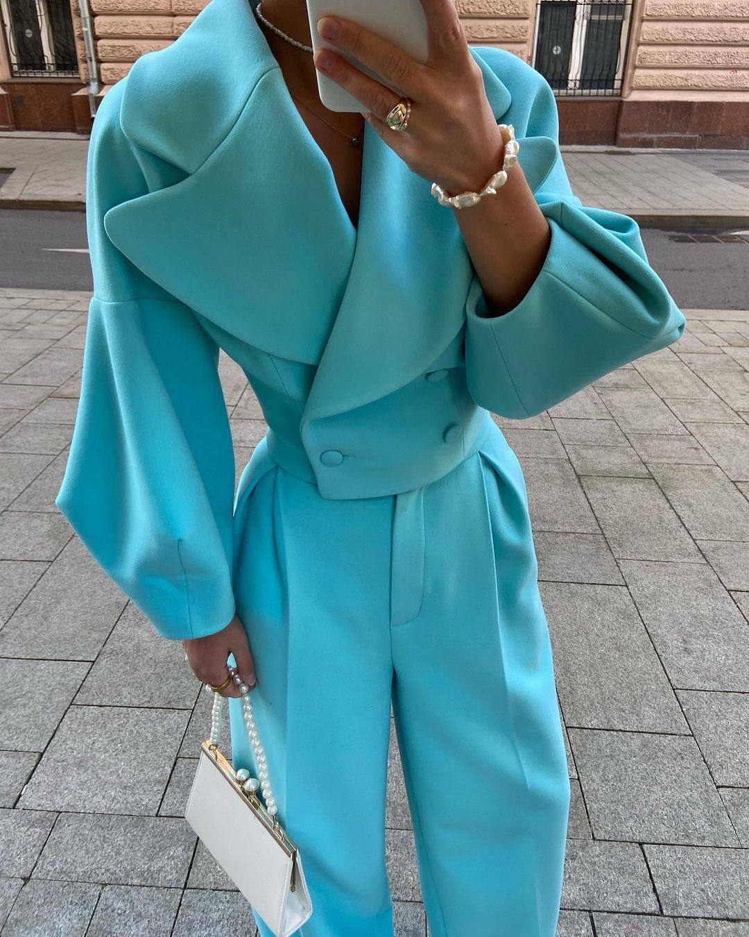 法式西装灯笼袖直筒拖地裤子套装气质名媛高端收腰女Casual suit