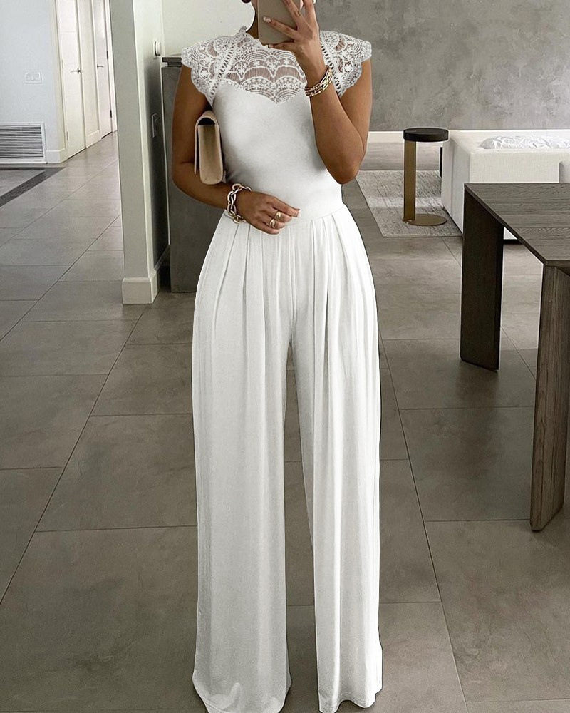 Women Solid Wide Leg Jumpsuit Summer花边领圆领纯色连体裤
