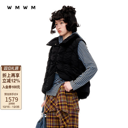 【WMWM】时尚高级流行气质休闲简约抽摺立领羽绒黑色马甲上衣外套