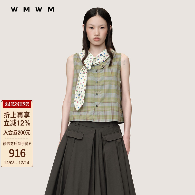 WMWM格纹双层碎花领结无袖上衣
