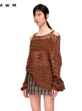 【WMWM】女装高级流行设计时尚气质高级手钩装饰不对称宽松针织衫