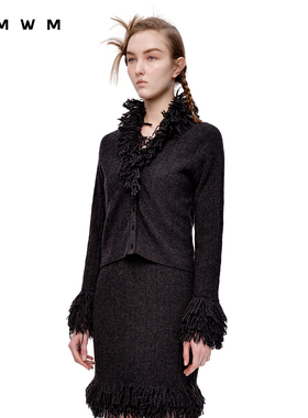 【WMWM】休闲高级流行气质简约设计感拉毛挑洞修身针织开衫上衣女