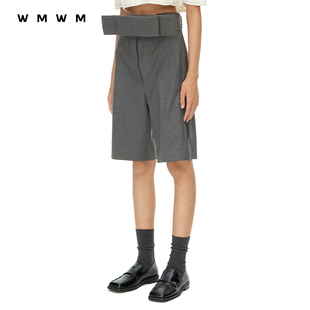 WMWM 短裤 气质高级流行高级女装 立体蝴蝶结腰带直筒西装 女 短款
