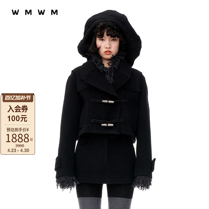 【WMWM】休闲高级气质流行休闲简约学院感大翻领牛角扣短外套上衣