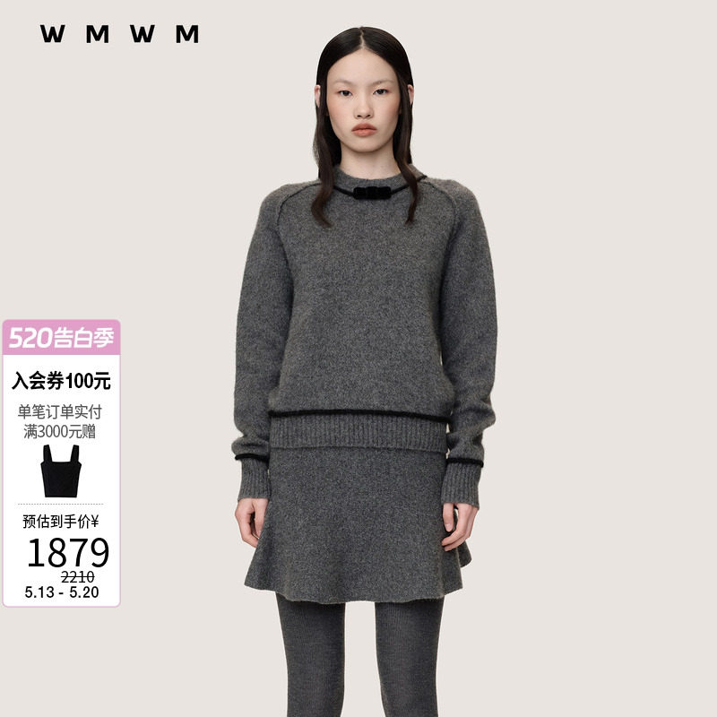 【WMWM】牦牛绒蝴蝶结装饰长袖针织上衣休闲秋冬时髦女装针织衫