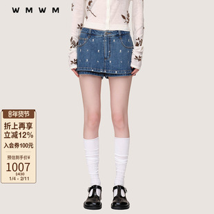 【SALE】【WMWM】流行设计绣花牛仔迷你裙裤休闲秋冬时髦女装裤子