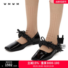 【SALE】【WMWM】设计感复古气质洋气漆皮手编绳方头平底皮鞋单鞋
