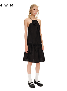 【WMWM】休闲简约设计流行高级修身花朵捏褶抽褶吊带露背连衣裙女