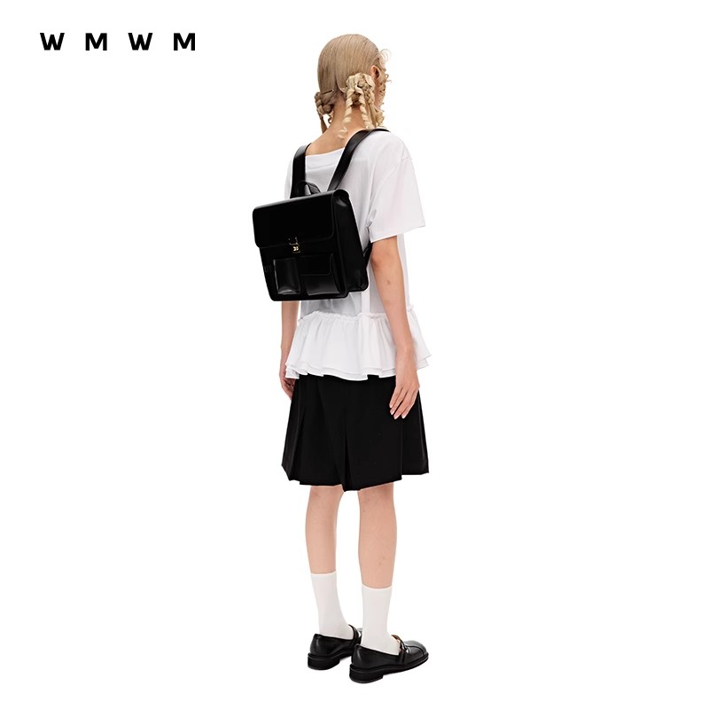 【WMWM】休闲简约黑色时尚金属扣公文包式双肩背包手提包潮女包女