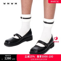 【SALE】【WMWM】设计感时尚气质洋气复古牛皮双扣方头平底单鞋