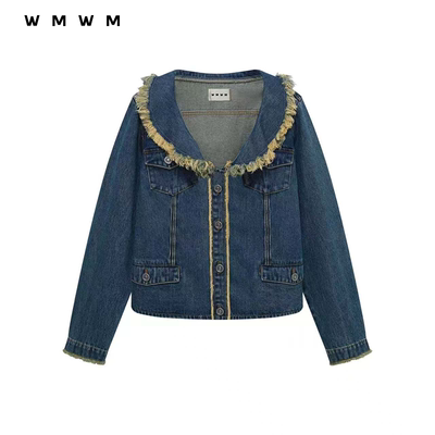 【WMWM】秋冬高级流行休闲设计感气质复古拉毛翻领水洗牛仔夹克