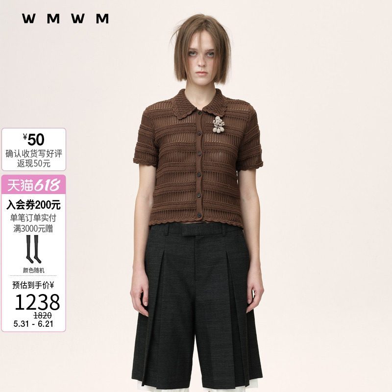 【SALE】【WMWM】休闲镂空条纹短袖针织开衫2026春夏新品女装上衣