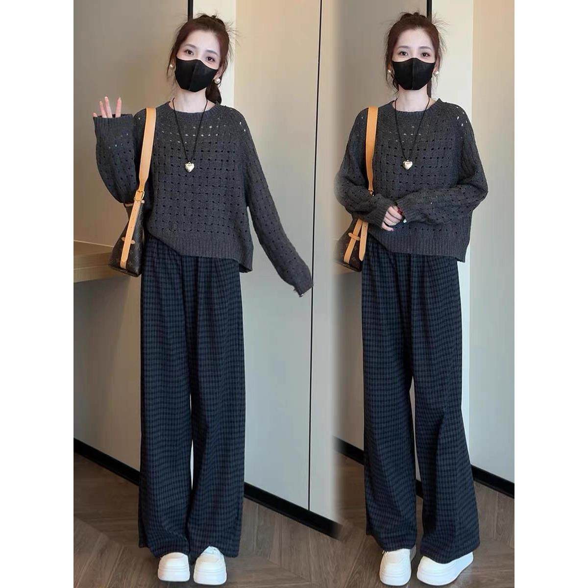 MONLOUVE慵懒风时尚减龄套装女士秋冬新款宽松显瘦针织衫阔腿裤洋