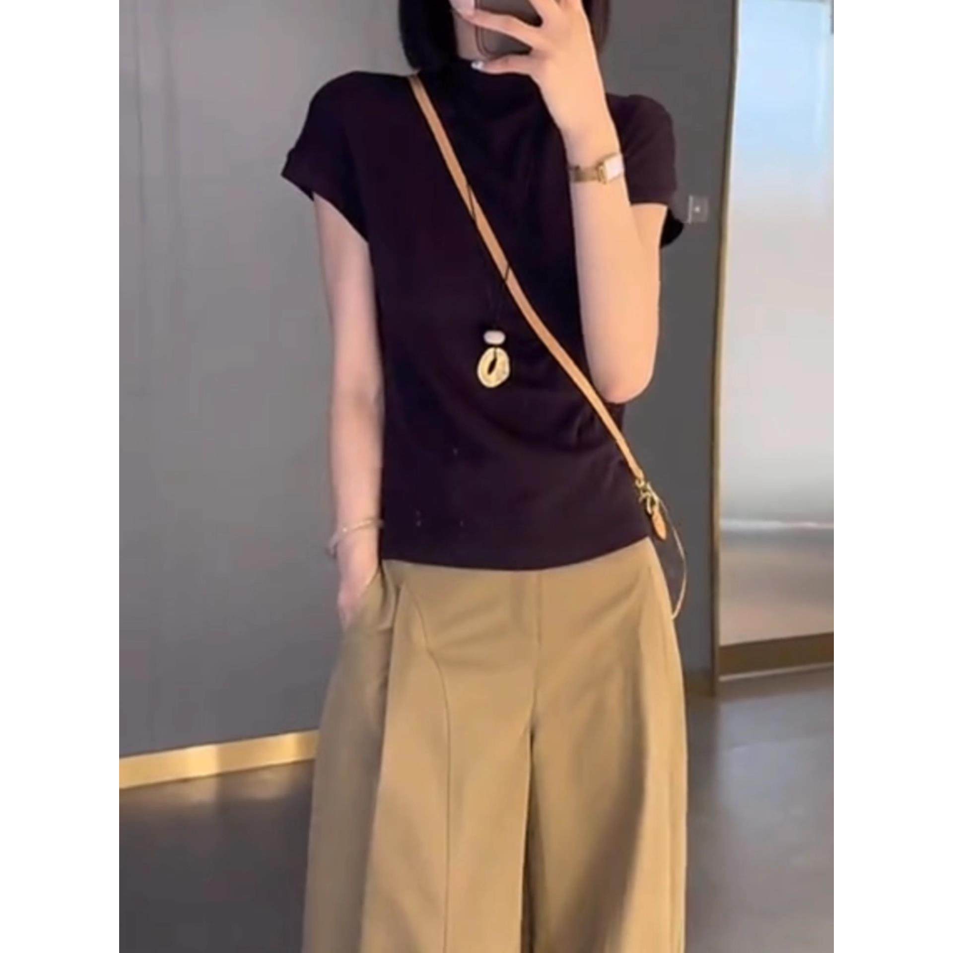 MONLOUVE时尚套装女早秋新款小个子针织短袖T恤休闲阔腿裤洋气减