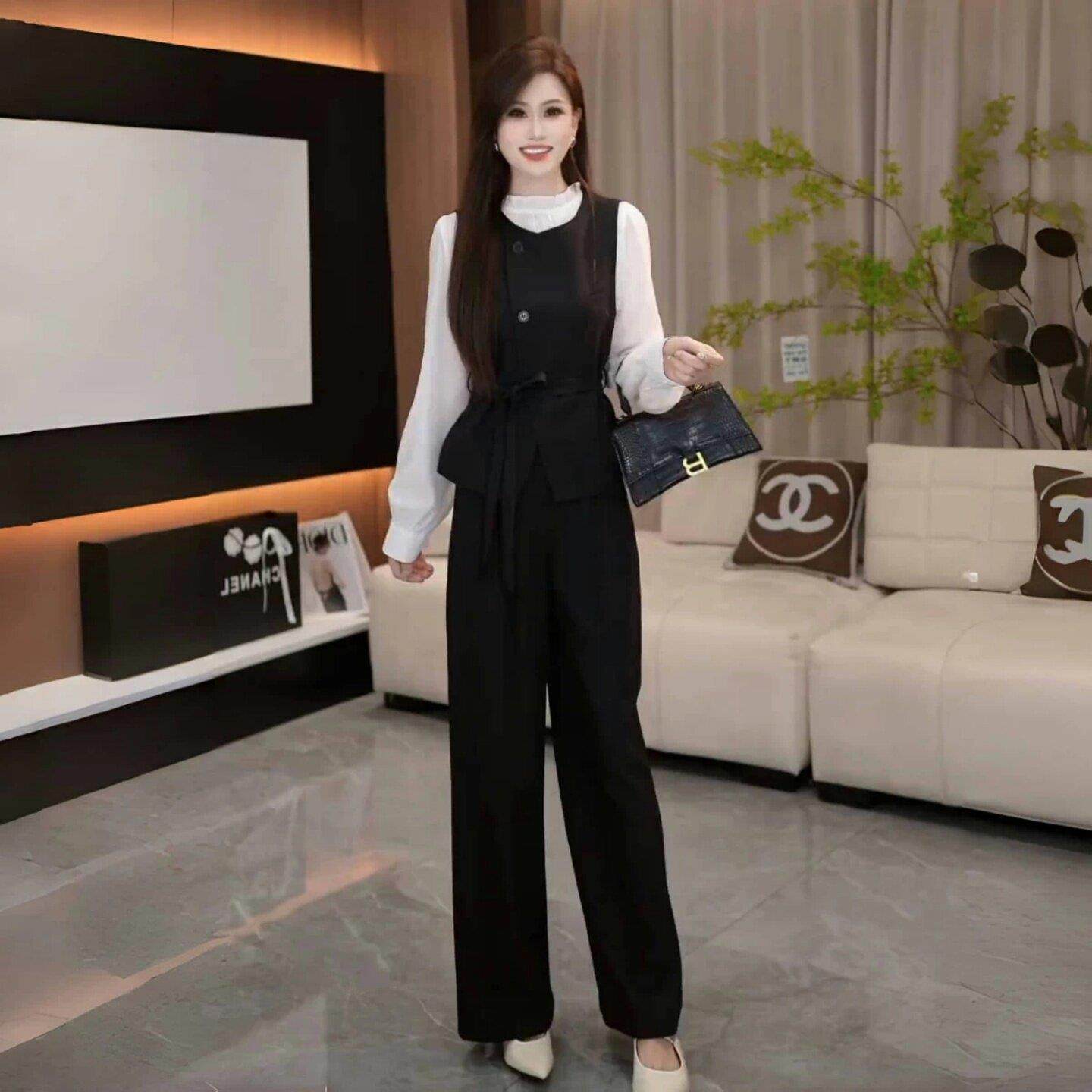 MONLOUVE时尚洋气时髦套装女士早秋新款洋气立领衬衫西服马甲直筒