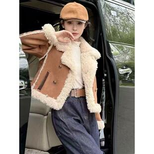 MONLOUVE时尚皮毛一体羊羔绒短外套女秋冬新款小个子洋气显瘦时髦