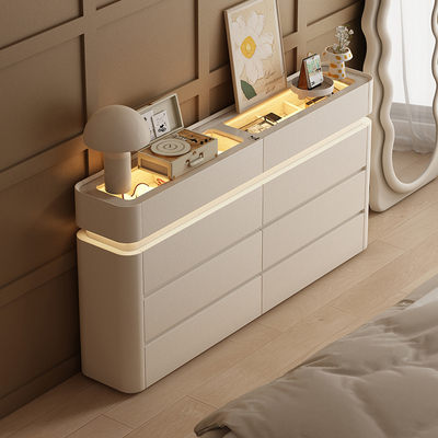 奶油风斗柜储物柜一体30cm极窄床尾柜超薄款卧室六斗橱实木八斗柜