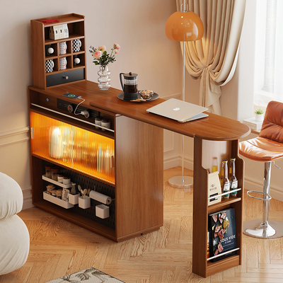 中古实木吧台桌子家用阳台休闲可伸缩小户型隔断窄岛台餐柜一体