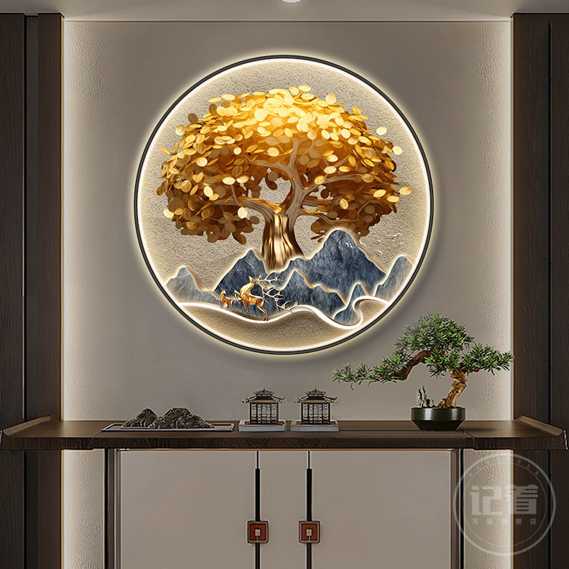 轻奢发财树玄关装饰画带灯走廊过道茶室酒店名宿餐厅寓意好壁挂画图片