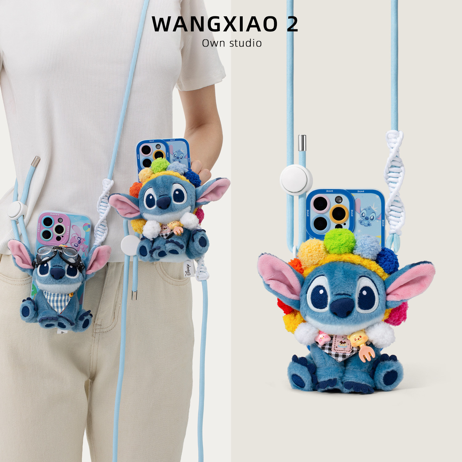 WANGXIAO 2正版史迪奇手机背夹斜跨史迪仔公仔创意手机链挂