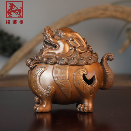 铜聚德 纯紫铜瑞兽香薰朝天吼香道装饰狻猊香炉盘香摆件