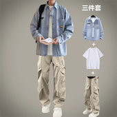 外套男生早秋青少年休闲夹克套装 春秋牛仔长袖 衬衫 潮流搭配一整套