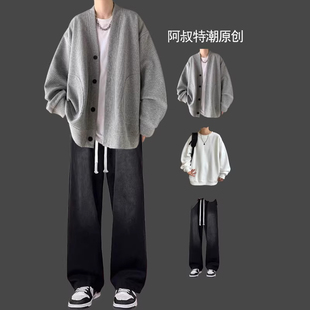 春秋男士华夫格日系开衫三件套装搭配痞帅搭配牛仔裤潮牌高街一套