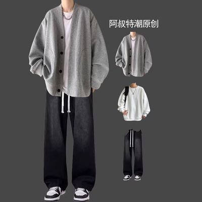 春秋男士华夫格日系开衫三件套装